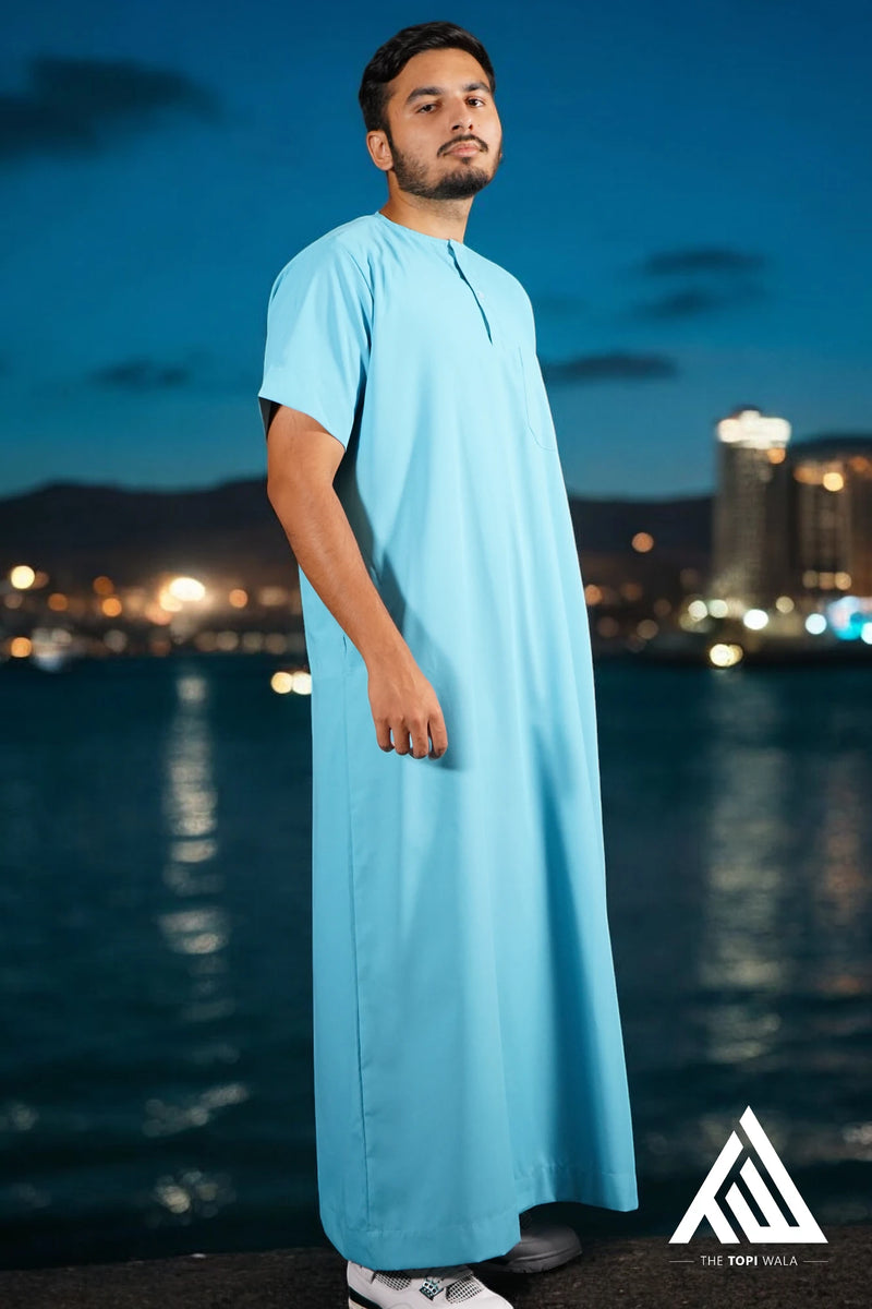 Aqua Blue Short Sleeves Thobe - TTW/D24 by TheTopiWala – A lightweight, premium thobe that combines modesty and style, perfect for Friday prayers, Ramadan nights, and everyday wear.