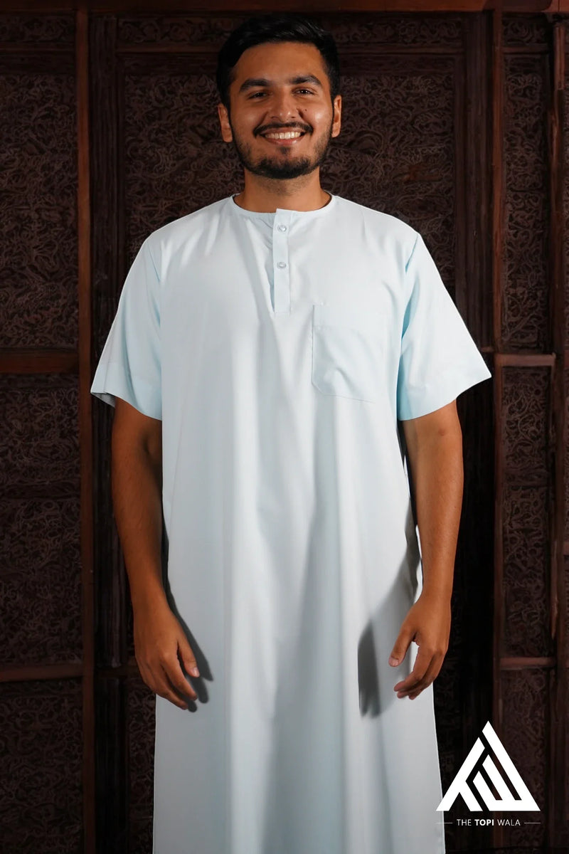 TheTopiWala Adult Thobe - Short Sleeves Baby/Electric Blue TTW/D28 – A vibrant and modern jubbah, perfect for Eid gatherings in New York or Friday prayers in Los Angeles.