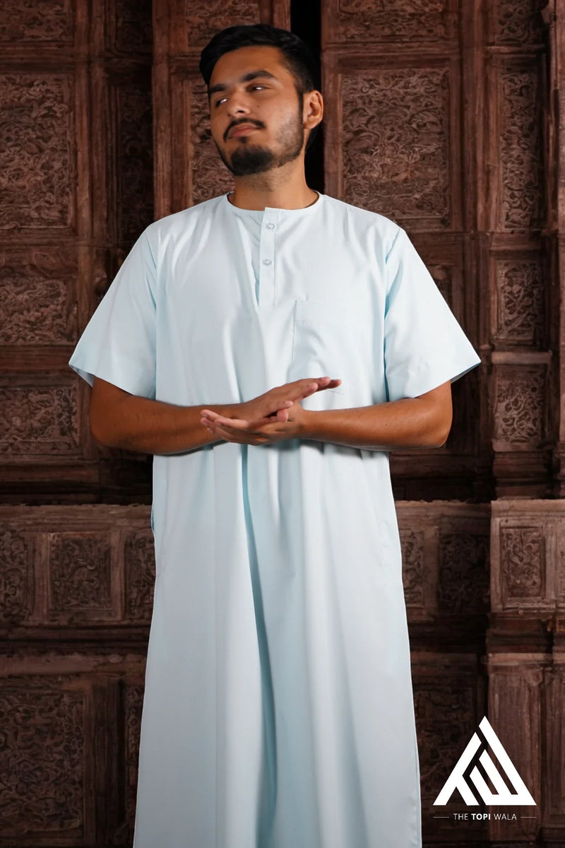 Baby/Electric Blue Short Sleeves Thobe - TTW/D28 by TheTopiWala – Premium Islamic wear designed for comfort and modesty, ideal for Ramadan nights in Chicago or ISNA 2025 in Houston.