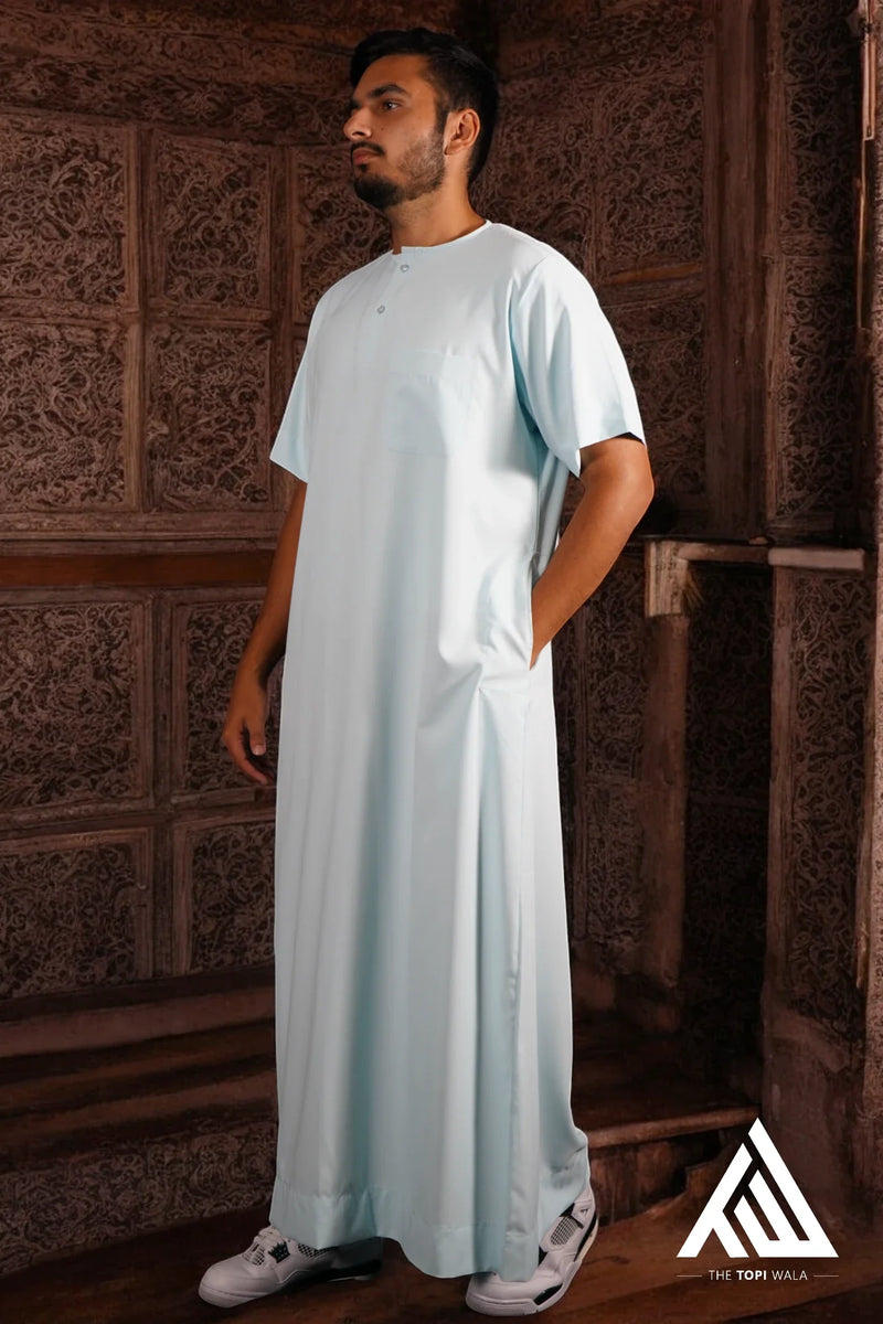 TheTopiWala’s Baby/Electric Blue Short Sleeves Thobe – A Sunnah-inspired jubbah, combining tradition and modern style for Jummah prayers in Washington D.C. or family events in Dallas.