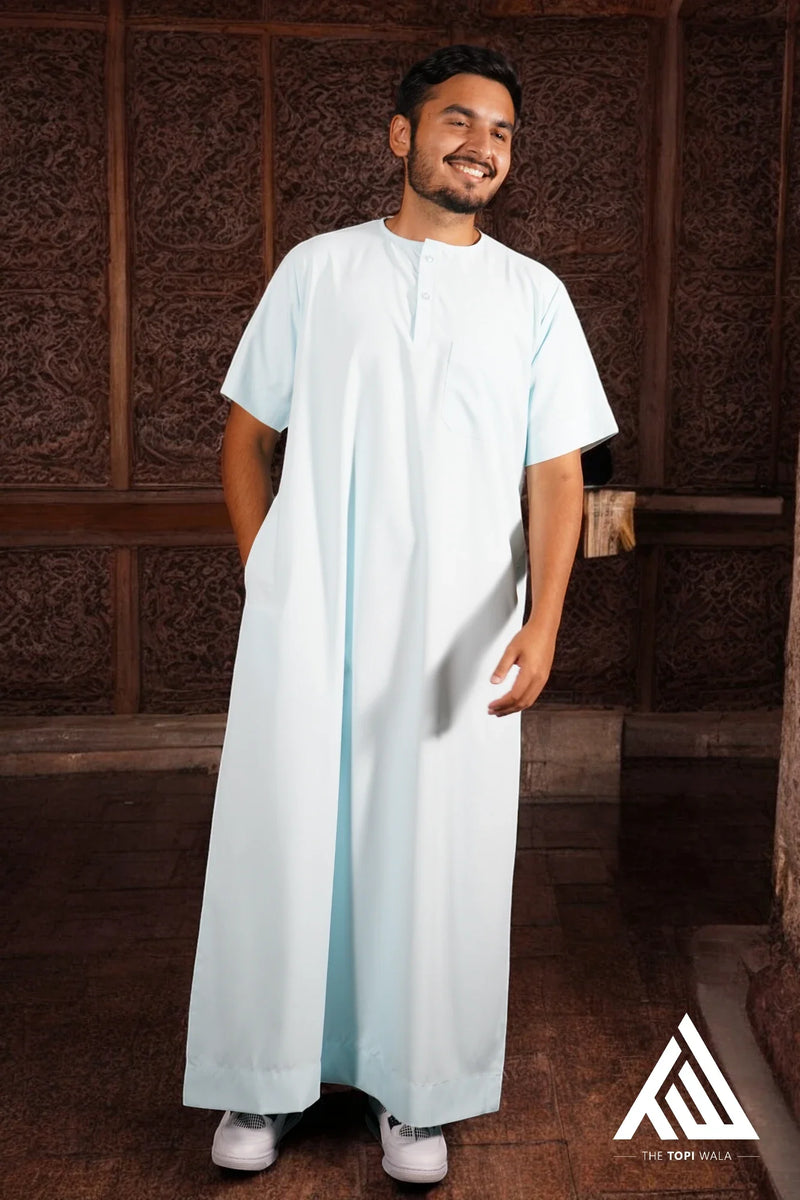 Baby/Electric Blue Short Sleeves Thobe - TTW/D28 – Perfect for Islamic gatherings in San Francisco, this modest and breathable thobe offers comfort for everyday prayers and special occasions.