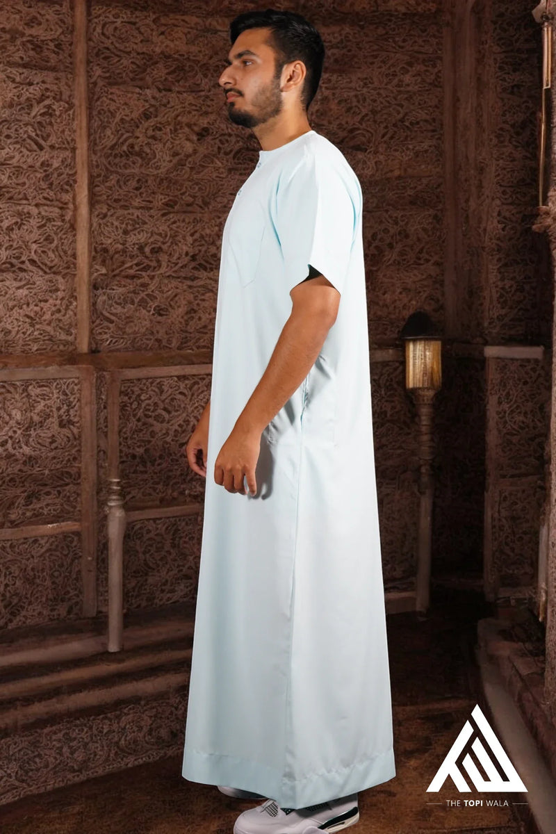 Baby/Electric Blue Short Sleeves Thobe - TTW/D28 – A stylish thobe for Muslim men in Seattle, designed for comfort during Friday prayers and Islamic events across the U.S.