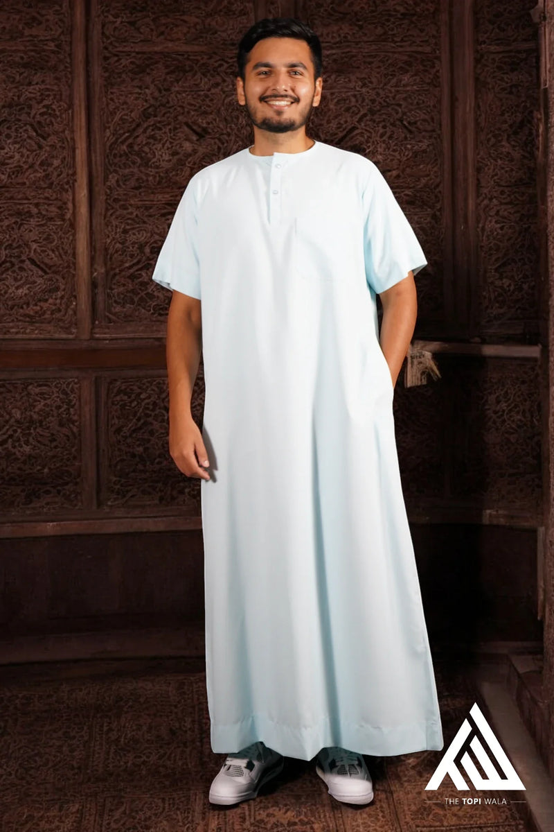 Baby/Electric Blue Short Sleeves Thobe - TTW/D28 by TheTopiWala – A bold and modern jubbah for Muslim men, perfect for Eid celebrations in Boston or Jummah prayers in Detroit.