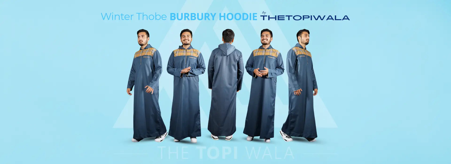 Winter thobe for men with hoodie by TheTopiWala, featuring modest Islamic design, plaid chest detail, and traditional long sleeves, ideal for Islamic winter fashion.